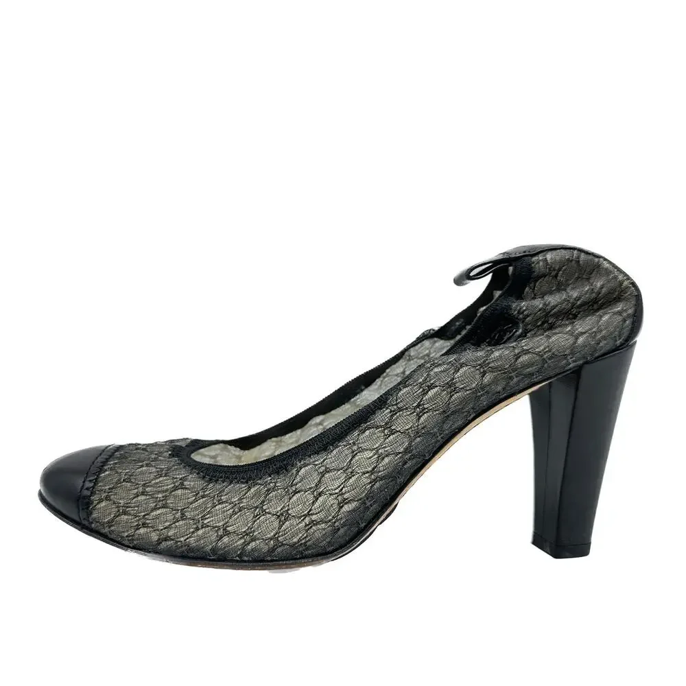 CHANEL Black Lace & Leather Elastic Heel Pumps Cap Toe IT 38.5
